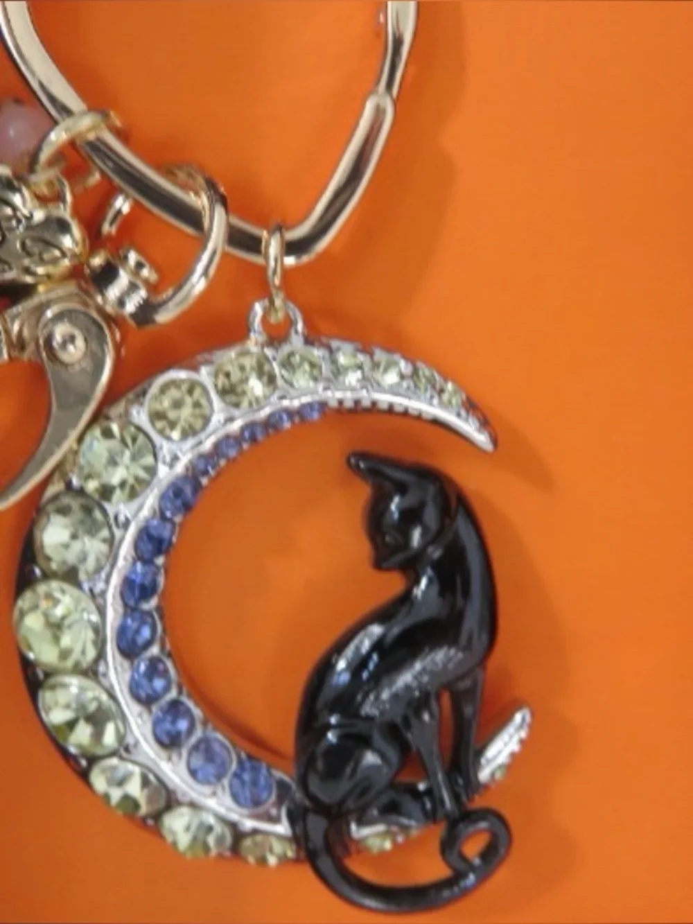 BETSEY JOHNSON Halloween Black Cat & Crystal-Studded Moon Bag Charm Keychain NWT